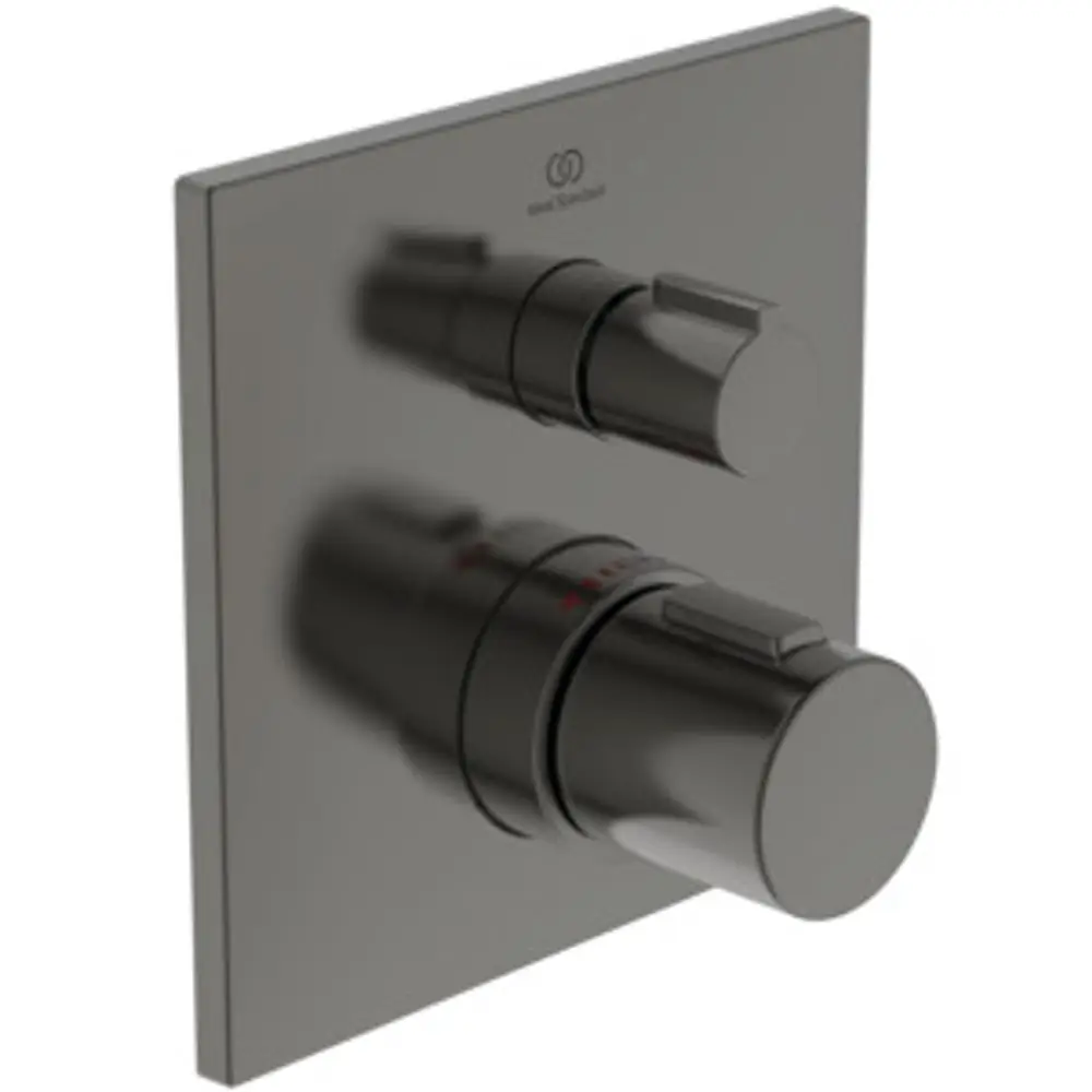 Ein Thermostat von Ideal Standard mit zwei Reglern auf einer quadratischen Platte. Die Oberfläche ist in einer dunklen, matten Farbgebung gestaltet.